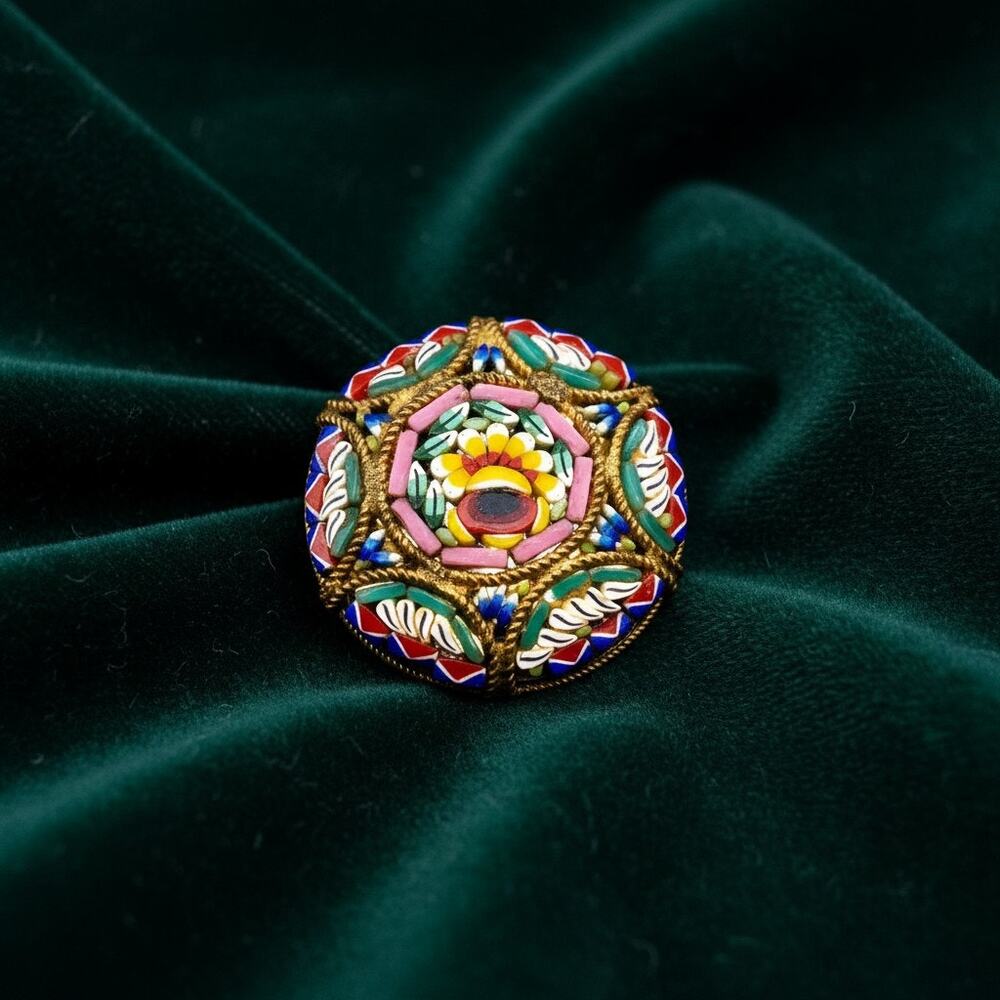Antique Italian Micro Mosaic Brooch-Floral-Millefiori-Brass Pin-Victorian-Glass